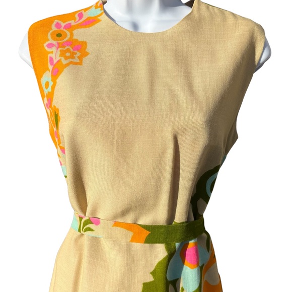 Vintage 60s Mod Floral Woven Shift Sheath Dress Tan Orange Green Pink - Picture 4 of 16